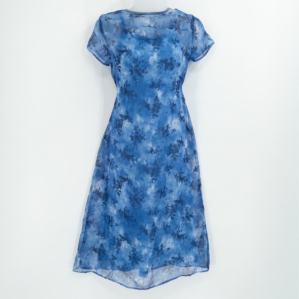 Y2K‎ Vintage Butterfly Mesh Midi Dress Women Size 12 Blue Sheer Fairycore Set